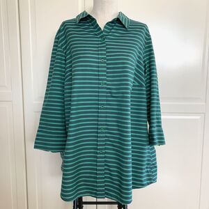 Coldwater Creek No Iron Button Up Shirt Green Stripe 3/4 Sleeve Womens Size 2X